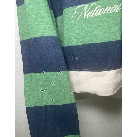 Women's Polo Style Striped Navy Blue & Green Long Sleeve Distressed Size Small - Picture 3 of 5